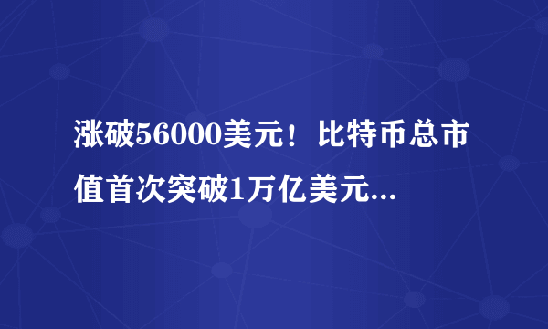 涨破56000美元！比特币总市值首次突破1万亿美元，超越特斯拉！