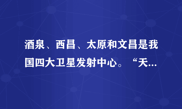 酒泉、西昌、太原和文昌是我国四大卫星发射中心。“天舟一号”货运飞船由北京航天城历经一周时间，顺利运抵海南文昌航天发射场，并于北京时间2017年4月20日19时41分成功发射。据此回答第1～4题。