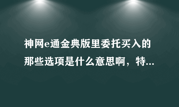 神网e通金典版里委托买入的那些选项是什么意思啊，特别是市价委托里面的几个选项看不明白