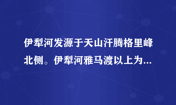 伊犁河发源于天山汗腾格里峰北侧。伊犁河雅马渡以上为上游，雅马渡至哈萨克斯坦的卡普恰盖为中游，卡普恰盖至巴尔喀什湖为下游。如图示意伊犁河流域，据此完成7～8题。卡普恰盖以下河段水流清澈的主要原因是（　　）A. 下游植被茂密B. 中游水库拦截泥沙C. 中游流速缓慢D. 河流径流洪峰量小