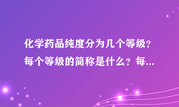 化学药品纯度分为几个等级？每个等级的简称是什么？每个等级的质量标准是什么？