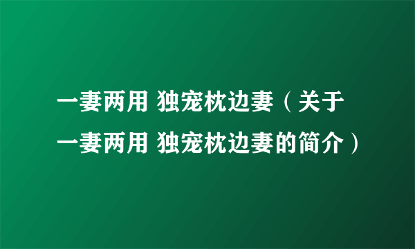 一妻两用 独宠枕边妻（关于一妻两用 独宠枕边妻的简介）